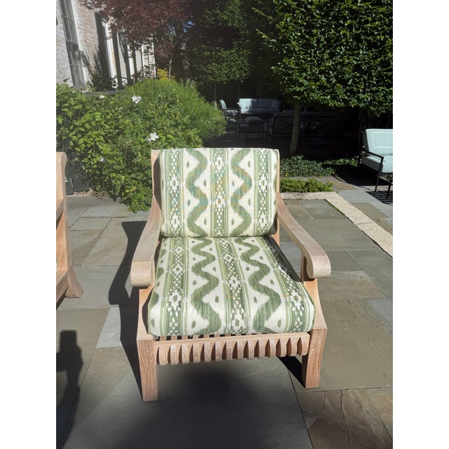 4 Teak Club Chairs With Seat and Back Cushions in Quadrille China Seas Bali Hai in Green For Sale - Image 4 of 14