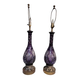 A Pair of 1940s Cut Crystal Amethyst Table Lamps For Sale