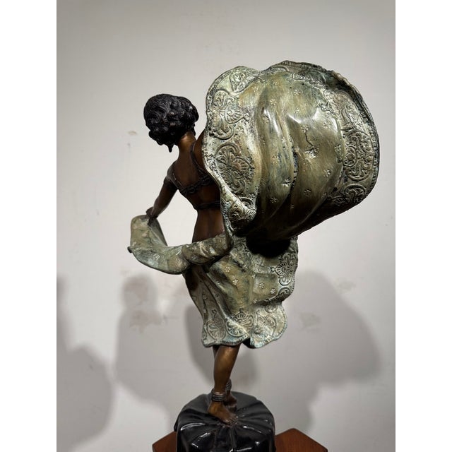 Wood Late 20th Century Large Art Deco Style Patinated Metal Dancer Sculpture With Neoclassical Wood Pedestal For Sale - Image 7 of 15