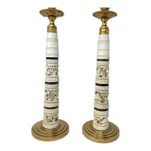 Antique Pair Ormolu Hand Carved Bovine Candlesticks Table Lamps Chinese Japanese