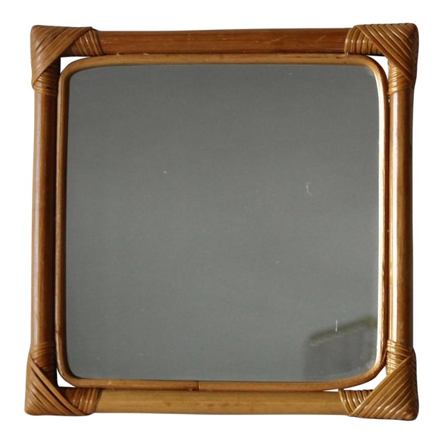 Vintage Bamboo Wicker Handcrafted Square Wall Mirror For Sale
