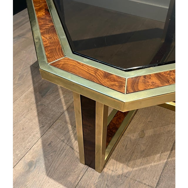 Wood Octagonal walnut and brass coffee table. French work. Circa 1970 For Sale - Image 7 of 12
