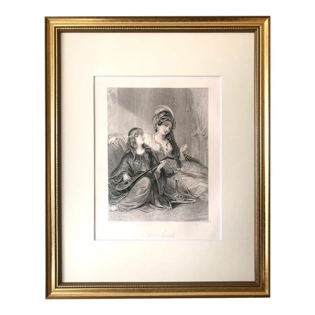 Antique Victorian English Print Beautiful Women Titled "The Jewels" London 19th Century Engraving For Sale