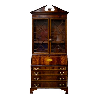 Vintage Georgian Style Flame Mahogany Inlayed Secretary Desk For Sale
