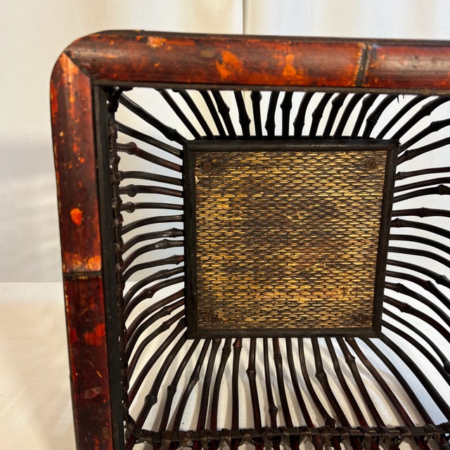 Vintage Boho Chic Torched Bamboo and Reed Square Footed Bowl For Sale In Mobile - Image 6 of 9