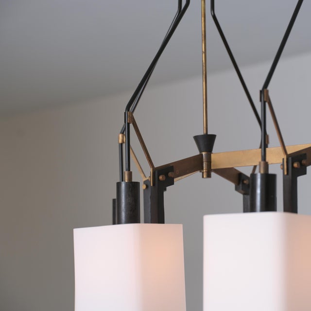 Italian Six-Light Chandelier in Brass, Black Metal and Opaline Glass, 1950s For Sale - Image 4 of 16