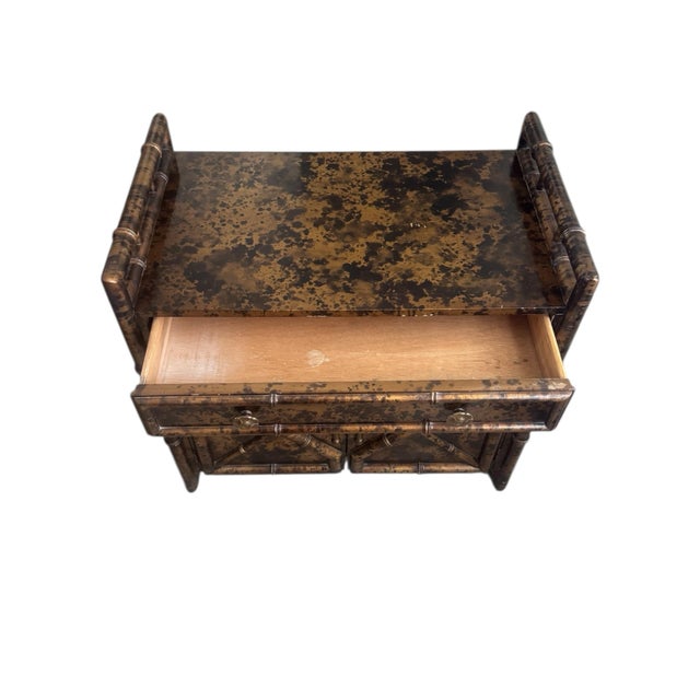 Late 20th Century Vintage Chinoiserie Faux Bamboo Gold Tortoise Side Cabinet With Drawer For Sale - Image 5 of 12