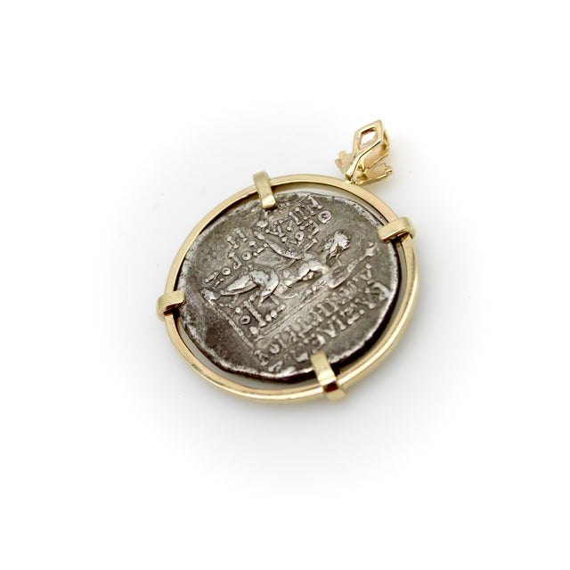 Metal 15th Century Seleukid Kingdom Demetrios II Nikator Sterling Silver Ancient Coin in 14k Gold Pendant For Sale - Image 7 of 10