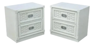 Vintage Hollywood Regency White Rattan Campaign Style Nightstands by Dixie Pair
