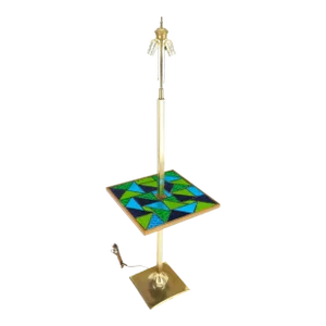 Green Blue Art Glass Square Mosaic Top Side End Table Floor Lamp Mid-Century