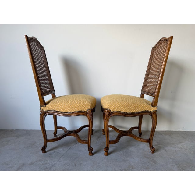 Vintage French Gilles Nouailhac Louis XV–Style Carved Wood & Cane Back Dining / Accent Chairs – Pair For Sale In Miami - Image 6 of 12
