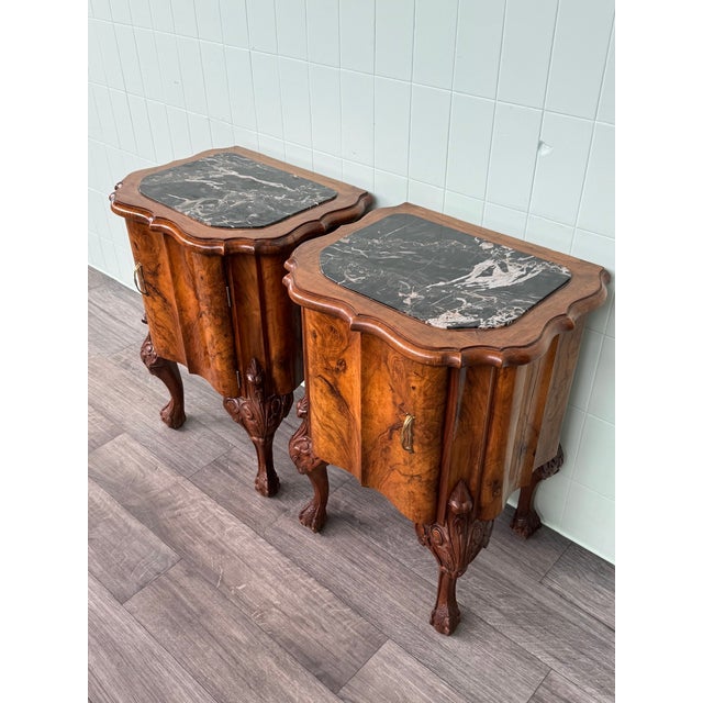 1930s Vintage Walnut Bedside Tables with Marble Top, 1930s, Set of 2 For Sale - Image 5 of 18