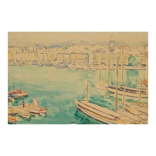 Vintage French Harbor Watercolor Art Print – Marseille by Marquet, 12" X 8" For Sale