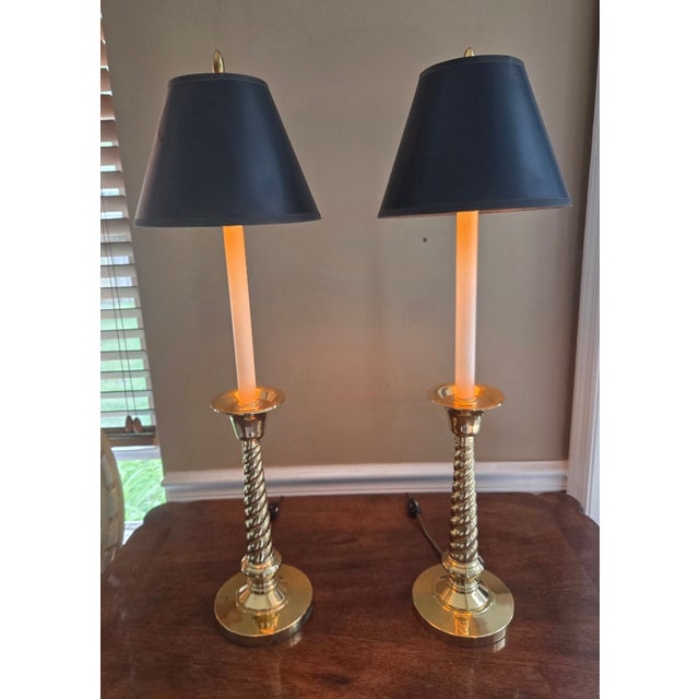 Amazing PAIR of brass twist lamps. Tall candlestick style solid brass lamps with original matte black and gold lampshades...