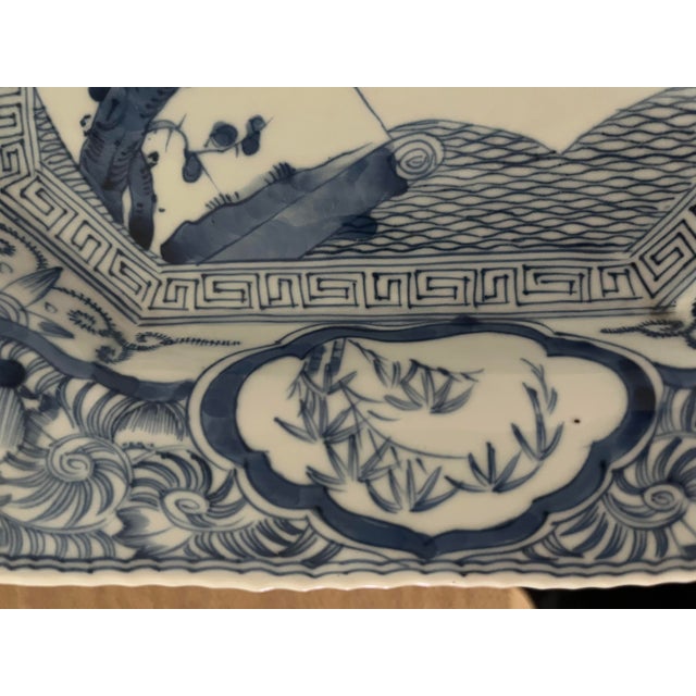 Antique Japanese Ko-Imari Blue and White Octagonal Plate With Landscape For Sale - Image 6 of 18