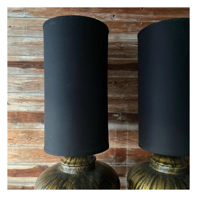 Late 20th Century Black + Gold Ceramic Table Lamps - a Pair For Sale - Image 10 of 12
