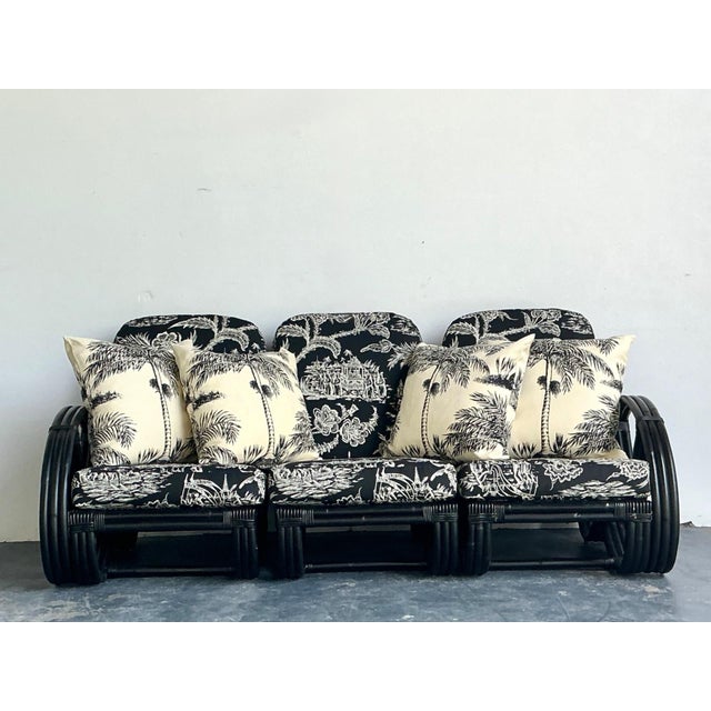 Mid-Century Modern Vintage Black Rattan Sofa in Quadrille “Royal Journey” For Sale - Image 3 of 18