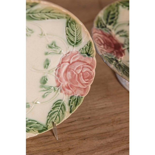 French 19th Century Majolica Compote and Plates with Roses, Sold Individually For Sale - Image 4 of 7