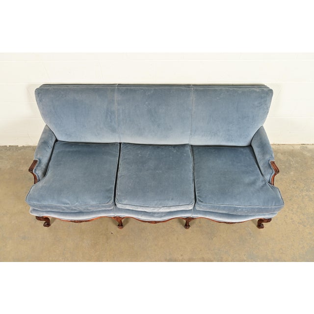 Mid 20th Century Baker Furniture Style French Provincial Louis XV Carved Walnut Velvet Upholstered Sofa | Circa 1960s For Sale - Image 5 of 13