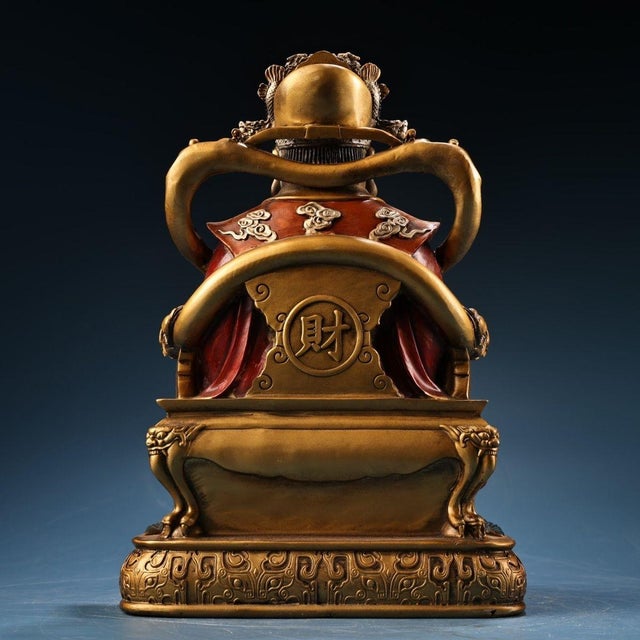 Large Vintage Gilt Bronze God of Wealth Statue - Chinese Caishen Sculpture With Polychrome For Sale - Image 9 of 10