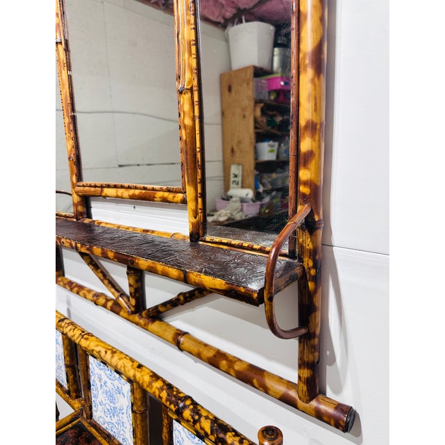 Antique English Aesthetic Era Scorched Bamboo Hall Tree Mirror & Table Set For Sale - Image 9 of 10