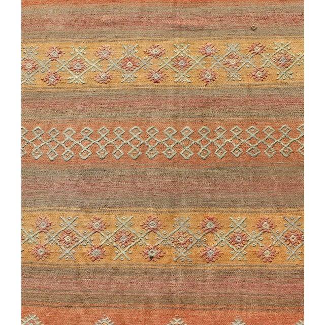 Textile Vintage Hand Woven Turkish Kilim Colorful Stripe Runner With Tribal Motifs For Sale - Image 7 of 12