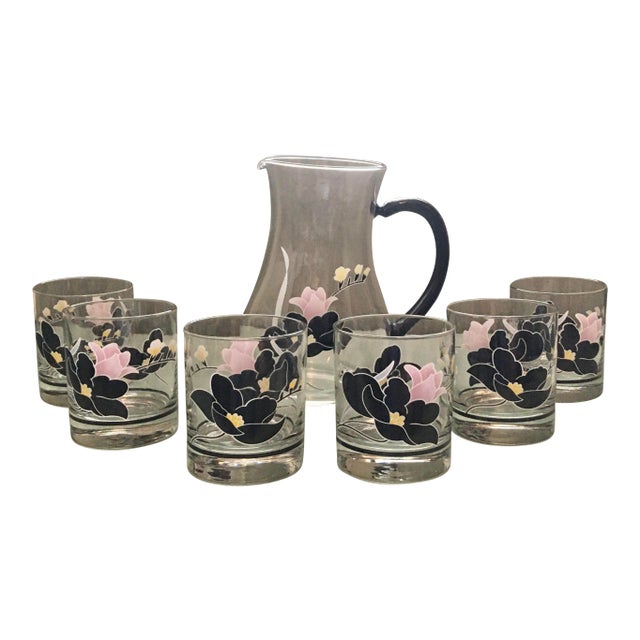 Vintage French Black & Pink Floral Cocktail Set - 7 Pieces For Sale