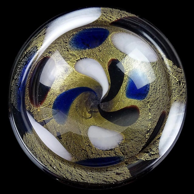 Mid-Century Modern Murano Vintage Gold Flecks Blue Purple Black White Spots Italian Art Glass Midcentury Bowl For Sale - Image 3 of 11