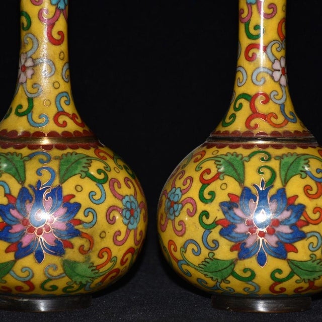 Vintage Pair of Cloisonne Enamel Vases - Yellow Floral Motif - 22.5cm For Sale - Image 4 of 9