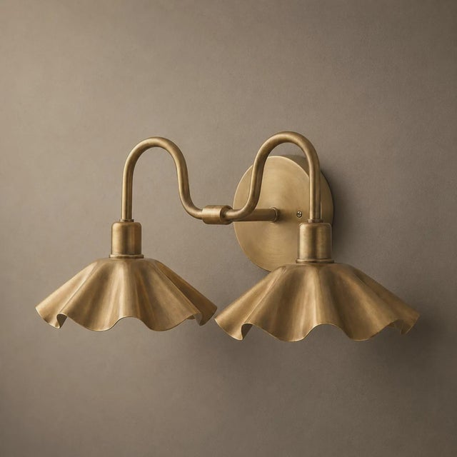 Brass 2-Light Vanity Sconce With Scalloped Shades, Bathroom Wall Light, Brass Swan-Neck Wall Sconce For Sale - Image 6 of 8