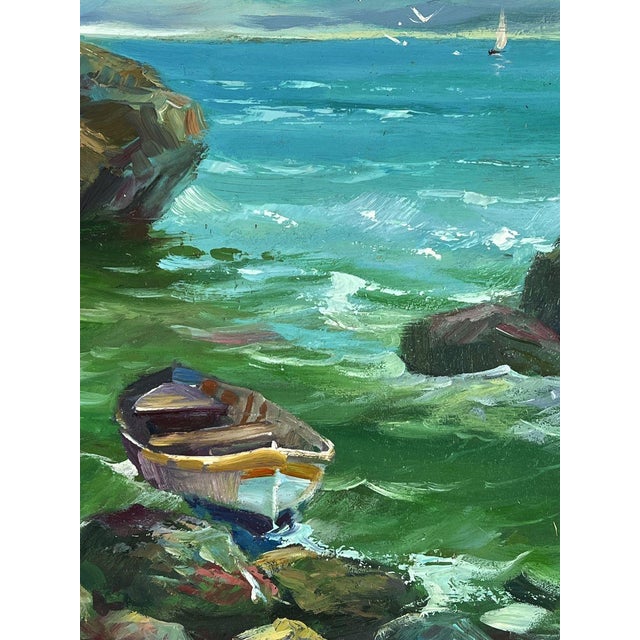 Turquoise Oil Painting a Boat Is Moored on a Rocky Shore Yuriy Suprunchuk For Sale - Image 8 of 11