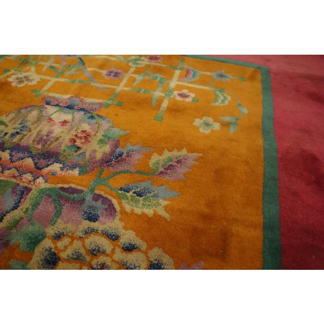 Burnt Orange 1920s Burnt Orange Floral Antique Chinese Art Deco Carpet 8'8'' X 11'4'' Knotted Pile Wool Rug For Sale - Image 8 of 12