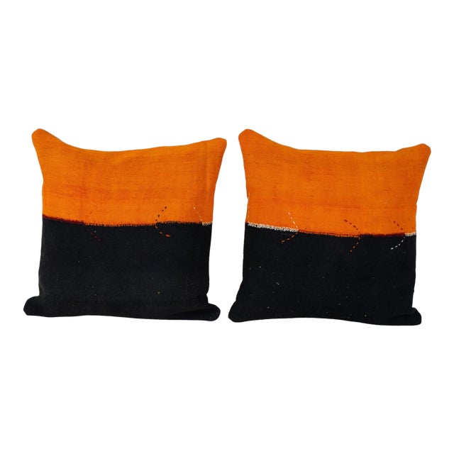 Orange and Black Turkish Kilim Pillow Cover - A Pair For Sale