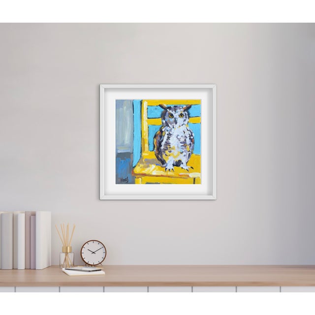 2020s Owl on Yellow Chair Oil Painting Original For Sale - Image 5 of 7