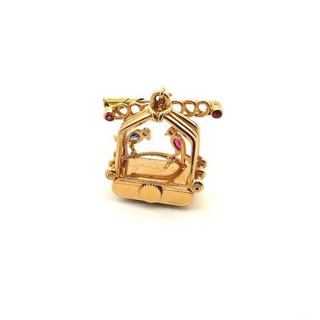 Contemporary Diamond & Gems 18k Rose Gold Bird Cage Dangle Watch Fob Brooch For Sale - Image 3 of 7