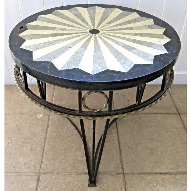 Hollywood Regency 1980s Vintage Hollywood Regency Style Marble Inlay and Iron Accent Side Table Attributed to Maitland-Smith For Sale - Image 3 of 12