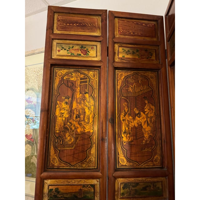 Late 20th Century Vintage Seven Panel Chinoiserie Figural Wood Tabletop Folding Screen For Sale - Image 5 of 8