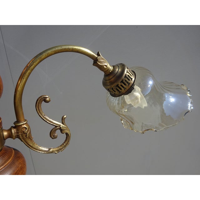Metal Three-Light Chandelier in Wood, Bronze and Glass, 1980s For Sale - Image 7 of 15