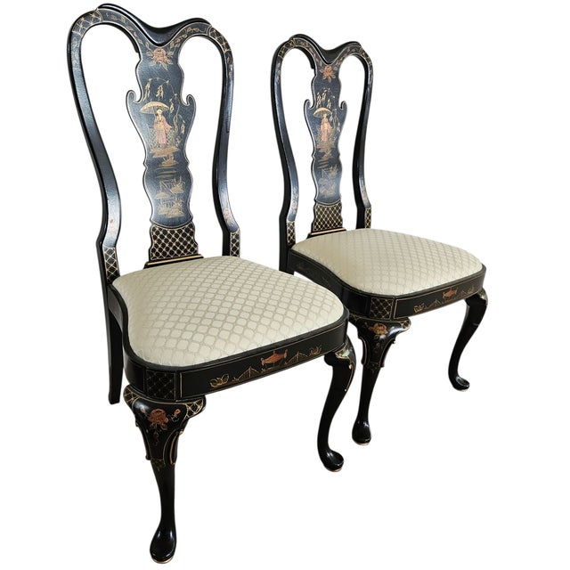 1970s Vintage Custom Dining Room Side Chairs Chinoiserie Black Lacquer Pan Asian- a Pair For Sale - Image 5 of 11
