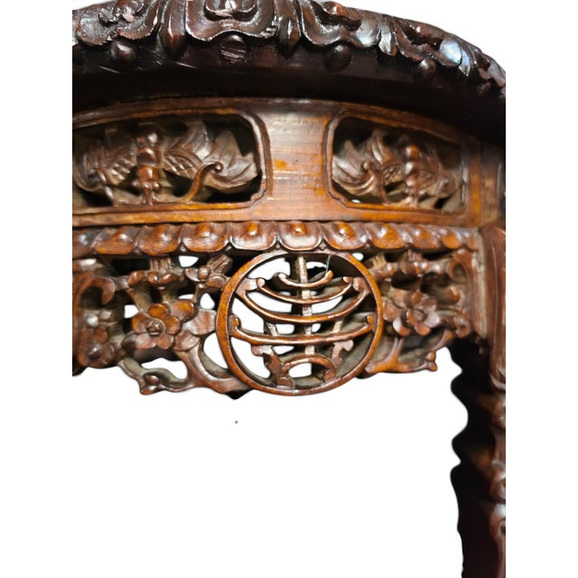 Companion Pair of Late Qing Dynasty–Early Republic Era Cantonese Carved Hardwood Marble-Top Stands For Sale - Image 10 of 14