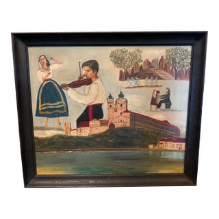 Vintage Folk Art Oil Painting, Violinist and Dancer With Les Sylphides Ballet Scene, Framed For Sale