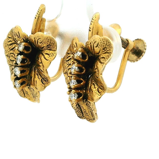 Vintage 14k Gold Diamond Leaf Earrings, American Mid-Century Screw Back Clips, A Pair For Sale - Image 10 of 12