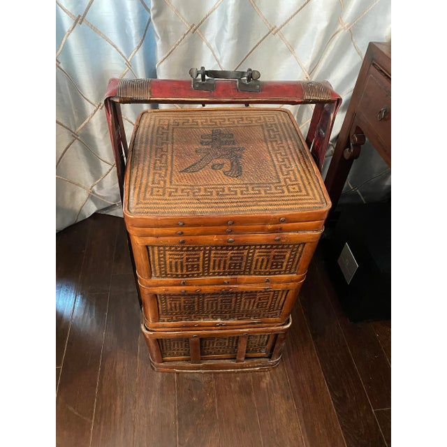 Large 36” Vintage Chinese 3-Tier Bamboo Rattan Wedding Basket, Republic Period Chinoiserie Decor For Sale - Image 4 of 7