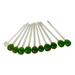 1960s Art Glass Olive Cocktail Pricks Hours D’ Ouvre Sticks- Set of 11 For Sale