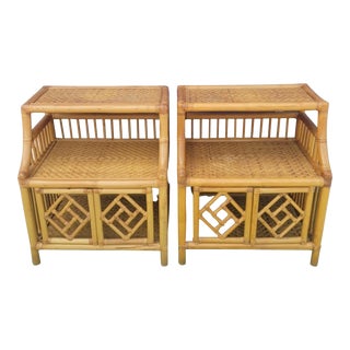 Vintage Rattan Wicker Chinese Chippendale Bamboo 2 Door Front Coastal Regency Nightstands- a Pair For Sale
