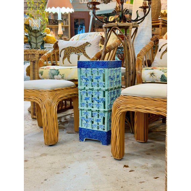 Large Pierced Celadon Faux Bamboo Ceramic Umbrella Stand or Jardinière For Sale - Image 12 of 12