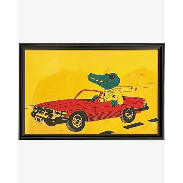Vintage 80s Preppy Alligator Driving Mercedes Sports Car Print For Sale - Image 4 of 9
