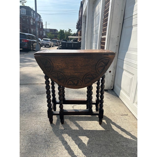 Wood English Arts & Crafts Oak Barley Twist Gateleg Drop Leaf Table For Sale - Image 7 of 11