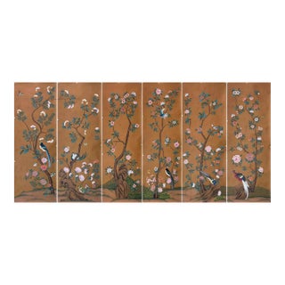 Hand Painted Chinoiserie Wallpaper Mural on Tea Paper, Set of 6 Panels, Luxury Botanical Wall Art For Sale