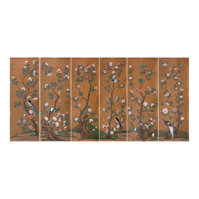 Hand Painted Chinoiserie Wallpaper Mural on Tea Paper, Set of 6 Panels, Luxury Botanical Wall Art For Sale